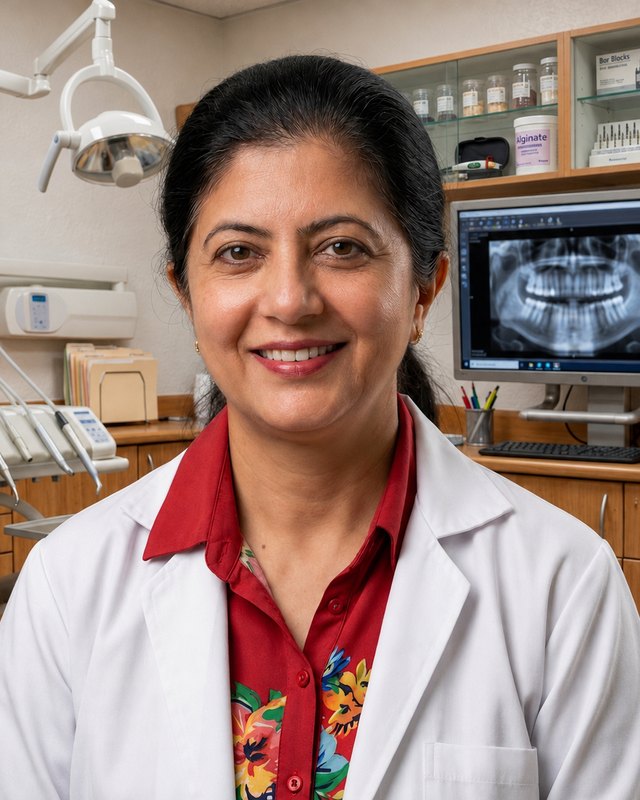 Dr Pooja Kapur, Dentist & Dental Surgeon, in the treatment room at Dr Pooja's Smile Care